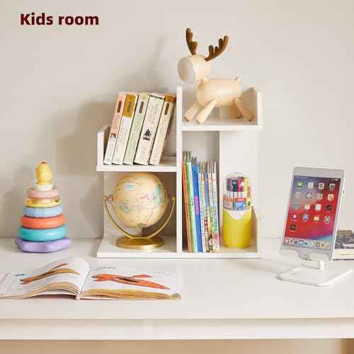 Small White Desk Organizer, 2 Tier Tree Cactus Bookshelf, Desktop Organizer Wood, Small Plant Shelf White YD-DSR002W