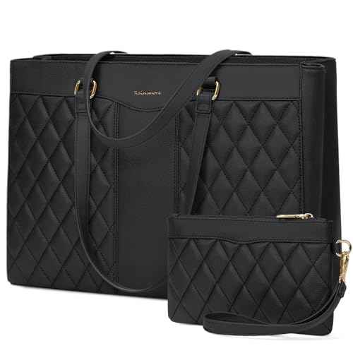 RAINSMORE Laptop Bag for Women 15.6 Inch Work Tote Bags Leather Laptop Tote Professional Laptop Purse Computer Handbag Womens Briefcase Tote with Clutch for Teacher Office Travel, Black