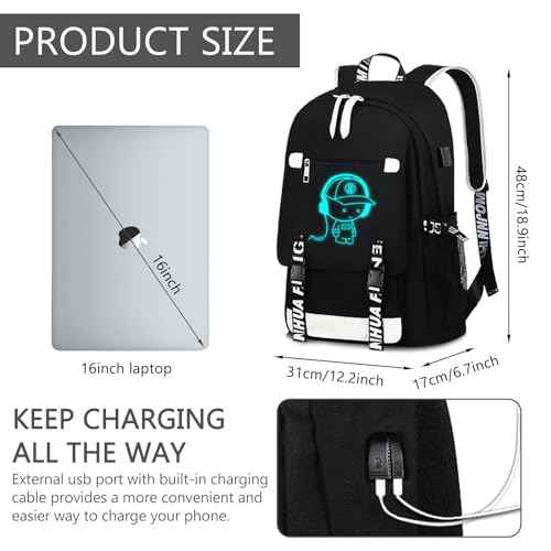 Luminous Pattern Travel Laptop Backpack - Adjustable Shoulder Strap Waterproof Black Backpack With Usb Charging Port & Headphone Port School Backpack Includes Pencil Bag,combination Lock