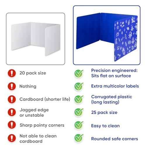 25-Pack Desk Dividers for Students, 3-Fold Privacy Screens, Durable Waterproof Plastic Study Boards, Easy Clean Classroom Shields for Schools,Teacher Supplies & Student Desk Organizers, Blue