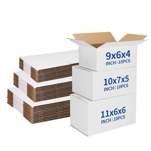 CRUGLA Assorted Shipping Boxes 30 Pack - White, 3 Sizes (11x6x6, 10x7x5, 9x6x4 in)