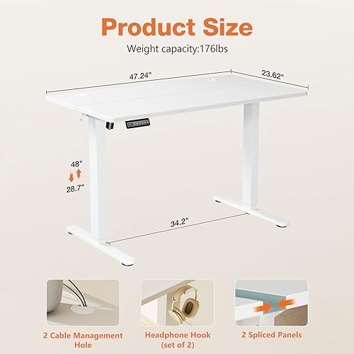 Sweetcrispy Electric Standing Desk Adjustable Height, 48x24 Inch Sit Stand Up Home Office Desks Computer Workstation PC Work Table with 3 Memory Preset Splice Wood Board Metal Frame, White
