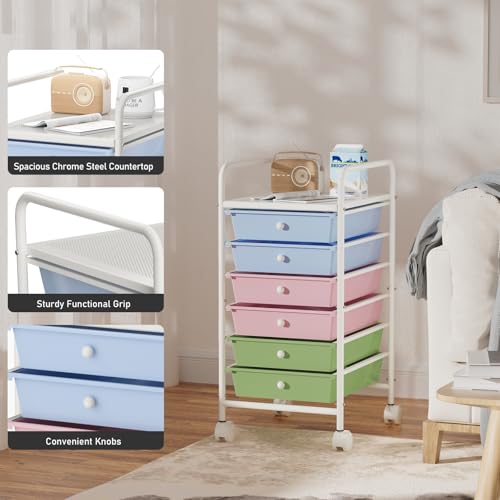Metal 6 Tier Rolling Cart with 6 Drawers,1 Table Top & 4 Wheels, Utility Grocery Craft Cart on Wheels for Classroom, Office, Bathroom, Kitchen, Bar, Home Storage and Organization, Dorm Room Essentials