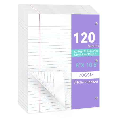 Loose Leaf Paper Wide Ruled Notebook Paper, 8" x 10.5" Lined Filler Paper for 3-Ring Binders, 3-Hole Punched Writing Paper-120 Sheets, White