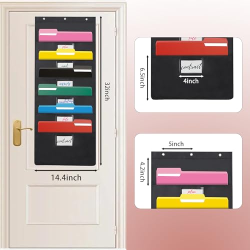 Black Hanging Wall File Organizer with 6 Pockets,2 Packs Wall Hanging File Folder Organizer,Over the Door Storage Pocket Chart with 3 Metal Hangers, Space Saver for Office and Classroom
