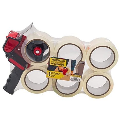 Zuvo Heavy Duty Tape Dispenser with 6 Clear Packaging Tapes - 48cm X 66m - Metal Dispenser for Moving Boxes, Warehouses or General Packing
