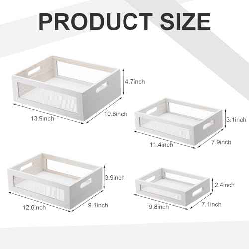 4 Pcs Wooden Nesting Countertop Baskets 4 Size Wooden Storage Box with Handle and Metal Wire Multipurpose Wood Organizer Crate for Fruit Vegetable Kitchen Cabinet Bathroom(White,Small)