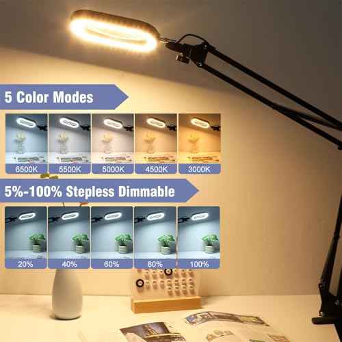 10X Rectangle Magnifying Glass with Light and Clamp, 5 Color Modes Stepless Dimmable, Lighted Magnifier with Stand Hands Free, Flexible Swing Arm LED Desk Lamp for Close Work, Craft, Reading, Painting