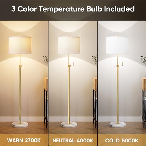 PARTPHONER Floor Lamp for Living Room, 66'' Adjustable Height Standing Lamp with Marble Base, 3-Color Tall Lamps with Pull Chain, Suitable for Bedroom, Reading, Office (Bulb Included, White Shade)