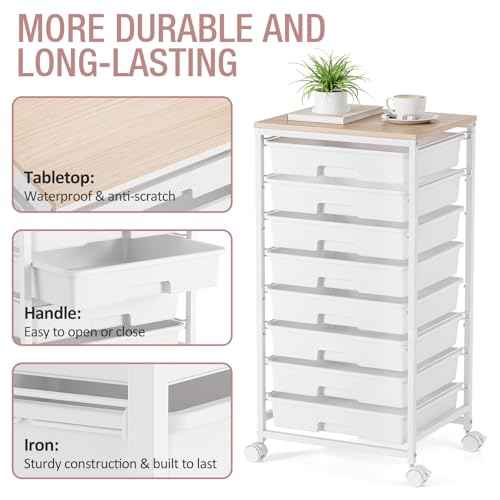 Storage Cart with 8 Drawers, Utility Cart with White Drawers and Wooden Tabletop, Craft Cart, Teacher Organization for Classroom,White