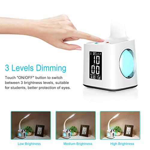 7-in-1 Study Desk Lamp with USB Charging, Screen, Calendar, Color Night Light, Kids LED Table Lamp with Pen Holder, Clock, Reading Light, 10W