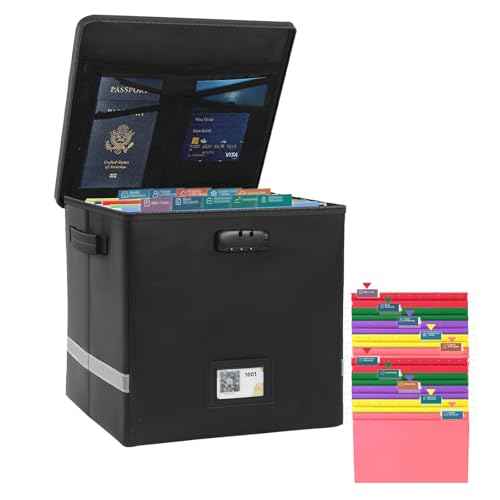 Medium Next of Kin Box Organizer with Smart Labels, Fireproof Foldable File Organizer with Combination Lock, 10 Hanging Files and 20 Category Labels for Label Documents,(M:13 * 13 * 13in)