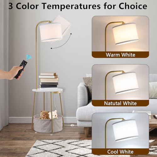 Floor Lamp with Cat Bed and Charging Station, Adjustable Lampshade, 3 Color Temperatures, Remote & Foot Switch Control, Standing Lamp with USB & AC Outlets for Living Room Bedroom, Gold