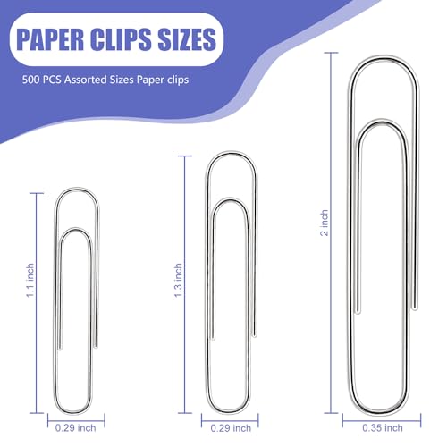 KIAFUM Assorted Paper Clips 500 Pcs - Rustproof Premium Stainless Steel Clips (Small, Medium, Large)
