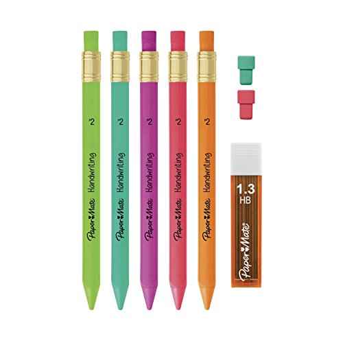 Paper Mate Handwriting Triangular Mechanical Pencil Set with Lead & Eraser Refills, 1.3mm, 8 Count - Back to School, Teacher Supplies, Home, Kids Writing, Fun Barrel Colors