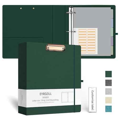 EYROZILL 3 Ring Binder 2 Inch, Binder for Letter Size (11" x 8.5") with 5 Tab Dividers, File Folder Labels and Low Profile Clipboards, Blackish Green