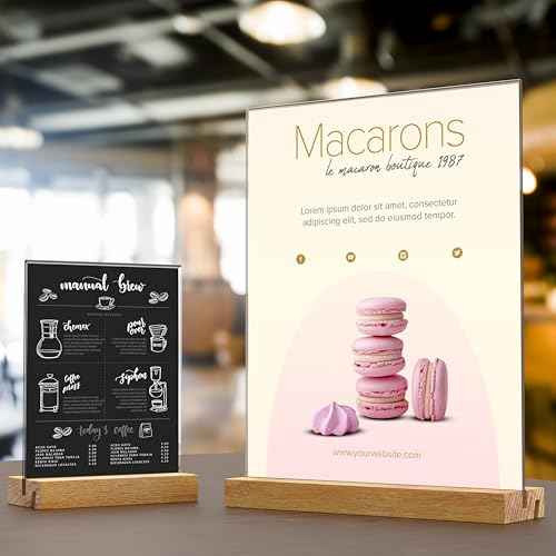 Acrylic Sign Holder with Wood Base 8.5x11 Inch Vertical and Slant Displays (2 Pack 8.5*11")