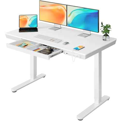 ErGear Electric Standing Desk with Drawers & USB Charging Ports, 48 x 24 Wood Height Adjustable Desk Whole Piece Home Office Computer Desk, White