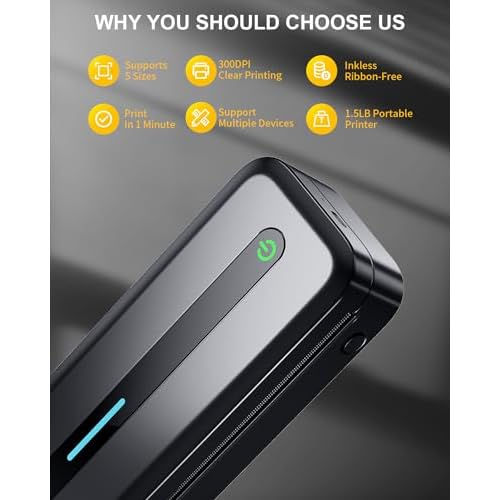 COLORWING Portable Printers Wireless for Travel, 300DPI Mini Compact Inkless Printer, Thermal Bluetooth Printer Compatible with Android and iOS Smartphone & Tablet & Laptop - Black