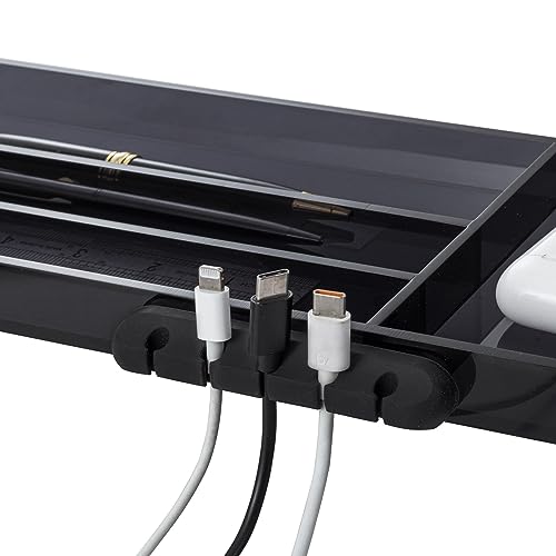 MyGift Modern Desktop Organizer Tray - Premium Translucent Dark Gray Acrylic and Solid Wood Over Keyboard Office Desk Flow Storage - Includes Cable Organizer