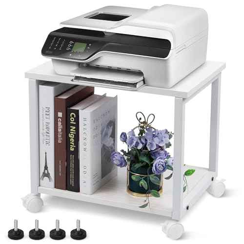 Under Desk Printer Stand - 2-Tier Industrial Mobile Printer Table with Storage Shelf, Heavy Duty Wood Rolling Printer Cart with Wheels for Home and Office,Maple White
