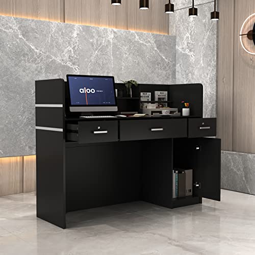 AIEGLE Reception Desk with Drawers & Storage Shelves, Black, 47.3" L x 18.3" W x 43.3" H