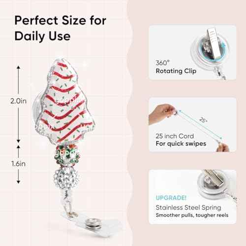 Christmas Tree Badge Reel, Christmas Tree Cake Sparkly Glitter Retractable Badge Reel for Nurses RN EN Doctor Paramedic Teachers Medical Office Womens