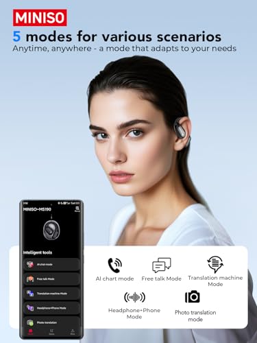 MINISO Black Language Translator Earbuds, Real-Time AI Translation, 135 Languages, Bluetooth 6.0, 60H Playtime, Open-Ear Headphones for Business