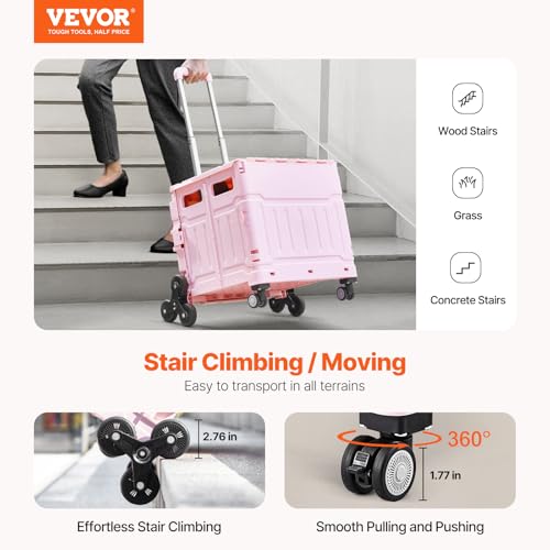 VEVOR Foldable Utility Cart, 65L Collapsible Portable Crate Rolling Cart with Stair Climbing Wheels & 360¡Æ Swivel Wheels, Hand Cart with Telescoping Handle for Shopping Office Moving Teacher, Pink