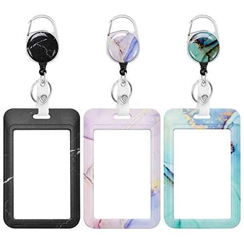 3 Pack Heavy Duty Badge Holder with Retractable Reel, ID Name Tag Worker Badge Carabiner Clip Vertical Card Protector Cover Case for Key Office Doctor Nurse Medical Student Teacher (3 PCS Marble)
