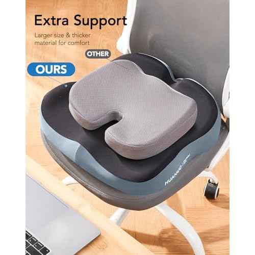 HUANUO Office Seat Cushion for Tailbone Support, High-Density Memory Foam Cushion, Breathable Coccyx Cushion, Non-Slip Bottom for Sciatica Relief, Perfect for Office, Car, and Wheelchair