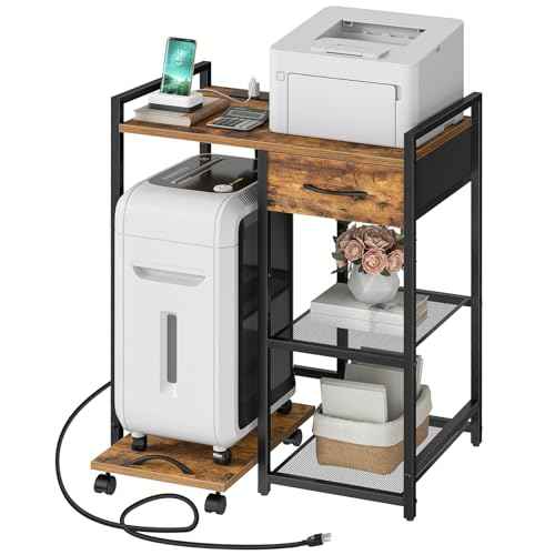 HOOBRO Printer Stand with Charging Station, Printer Shredder Stand with Fabric Drawer, Table for Fax Machine, Printer Storage Office Organizer, for Home Office, Rustic Brown and Black BF72UPS01