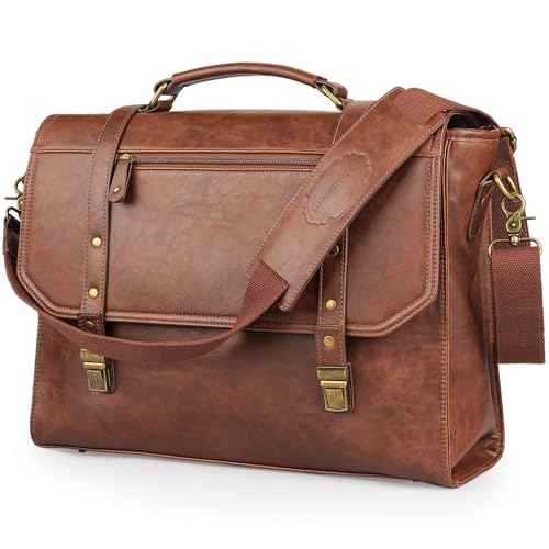 Mens messenger bag 17 inch, Waterproof Faux Leather Laptop Briefcase Large Computer Laptop Bag Leather Satchel Bag Retro Shoulder Bag for Office Business Travel College Brown
