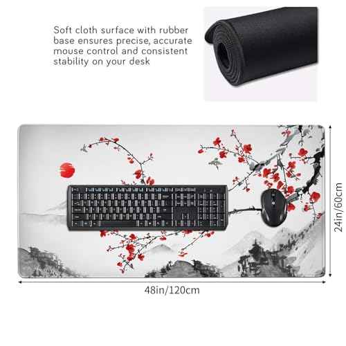 AQQA Extended Gaming Mouse Pad Cherry Blossoms Japanese XXXXL Full Desk Mousepad 48" x 24", Non Slip Desk Mat with Stitched Edge Computer Keyboard Mat for Office
