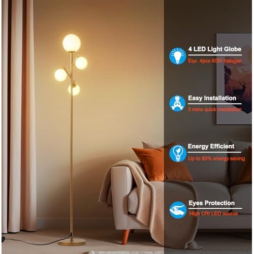 Fiqevs 4 Globe Gold Floor Lamp, Modern Sputnik Tree Standing Lamp with Frosted Glass Ball Lampshade & 3000K LED Bulbs, Mid Century Contemporary Tall Lamp for Living Room, Bedroom - Antique Brass