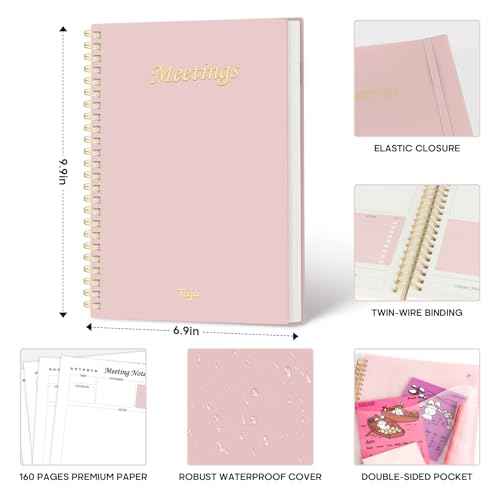 Meeting Notebook for Work Organization - Work Planner Notebook with Action Items, Agenda Planner for Note Taking, 160 Pages (6.9" X 9.9") Project Organizer for Men & Women - Pink