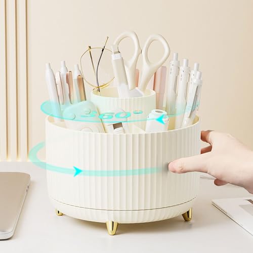 Desk Organizers and Accessories Set with 360-Degree Rotating Pen Holder, Acrylic Stapler, Tape Holder, Staple Remover, Binder/Paper Clips Kit, Scissor and 1 Box of Staples