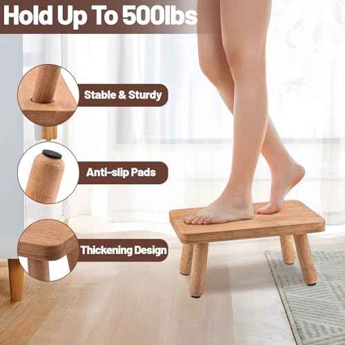 Wooden Step Stool for Adults Seniors, Anti-Slip One Step Stools, Heavy Duty Stepping Stools Kitchen Step Stool with 500lbs Capacity for Office, Bedroom, Kitchen, Bathroom