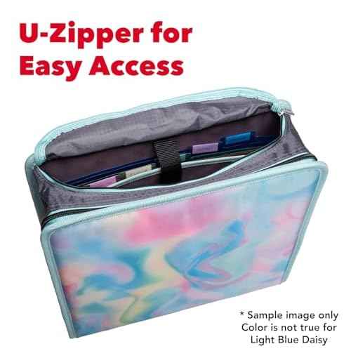 Case-it Mighty Zip Tab School Zipper Binder | 3-Inch O-Rings, 600-Sheet Capacity, 5-Subject Expanding File Folder, Multiple Pockets & Storage Organizer, Shoulder Strap | D-146 Light Blue Daisy