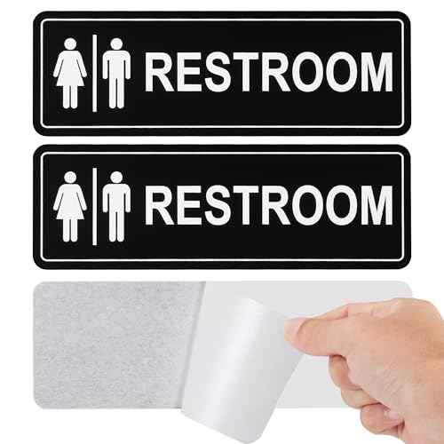Restroom Sign - (2 Pack ) Metal Restroom Signs for Business with Strong Self-Adhesive, Bathroom Signs for Home Door or Wall, Ideal Unisex Restroom Signs for Women and Men, Easy to Install (Black Unise 9" x 3")
