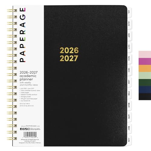 PAPERAGE Large Academic Planner 2026-2027 - Student Organizer with Tabs & Pocket, 9.5x11 inches, Black - Lrg