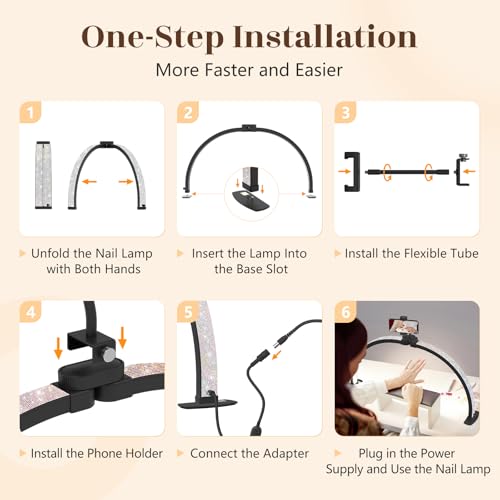 Half Moon Light for Nail Desk: 29" Foldable Half Moon Nail Desk Lamp with Phone Holder for Beginner - Arch Tech Light with 3 Color Modes & 10 Brightness for Manicure Salon (Black Diamond, Large)