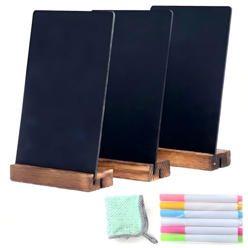 3 Pack Desktop Chalkboard Signs with Wooden Base 7.9x5.1 inches - Message & Menu Boards for Shop Wedding Kitchen Home Parties