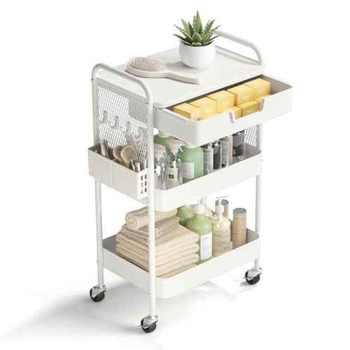 3 Tier Rolling Cart with Drawer, Metal Rolling Utility Cart on Wheels with Pegboard, Art Cart Storage Organizer with Tabletop for Living Room, Office, Bedroom (White)