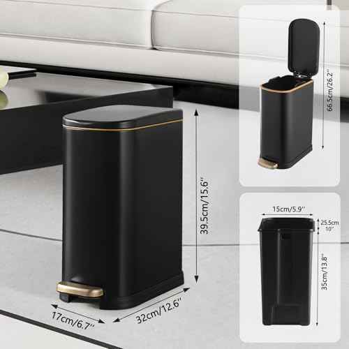 Bathroom Trash Can with Soft-Close Lid 3.5 Gallon Stainless Steel Garbage Can with Removable Inner Bucket Slim Trash Bins for Bedroom, Office (Matte Black)