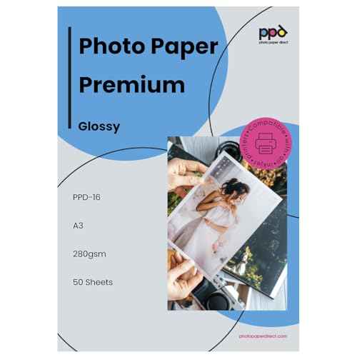 PPD Glossy Photo Paper for Inkjet Printer, 11 x 17" Premium Quality Printable Sheets for Custom Picture, Professional Photographic Instant Dry For with Normal, Dye or Pigment Ink (50 Pack/280 gsm)