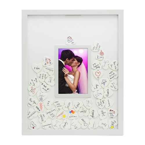 MIMOSA MOMENTS Autograph Picture Frame, Alternative Wedding Guest Book, Baby Shower Guest Book (White with 80 hearts)