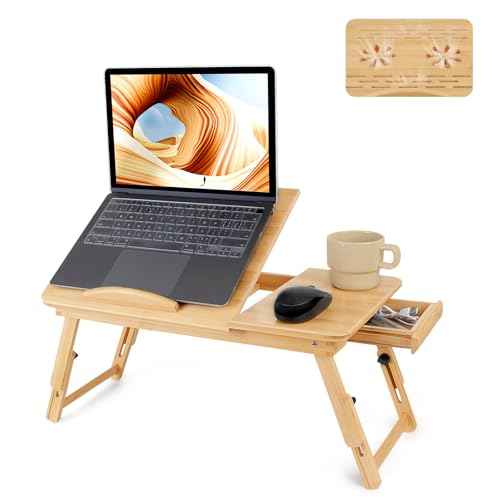 Bamboo Laptop Desk, Adjustable Foldable Bed Tray Table for Bed, Sofa, and Floor, Portable Lap Desk with Tilting Top & Drawer for Writing, Reading, Breakfast, Drawing, and Working