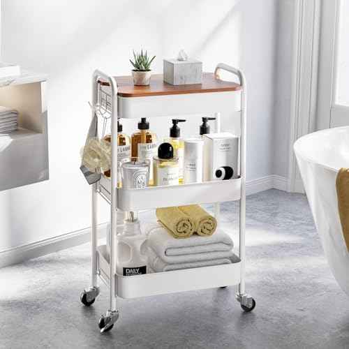 TOOLF 3-Tier Rolling Cart with Table Top, Metal Storage Cart on Wheels, Utility Organizer with Wooden Tray, Lockable Casters, Easy Assembly for Bathroom, Living Room, Office, Kitchen, White