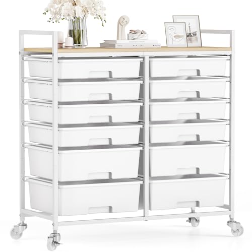 TOOLF White 12-Drawer Rolling Cart with Wooden Top – Studio/Classroom Storage
